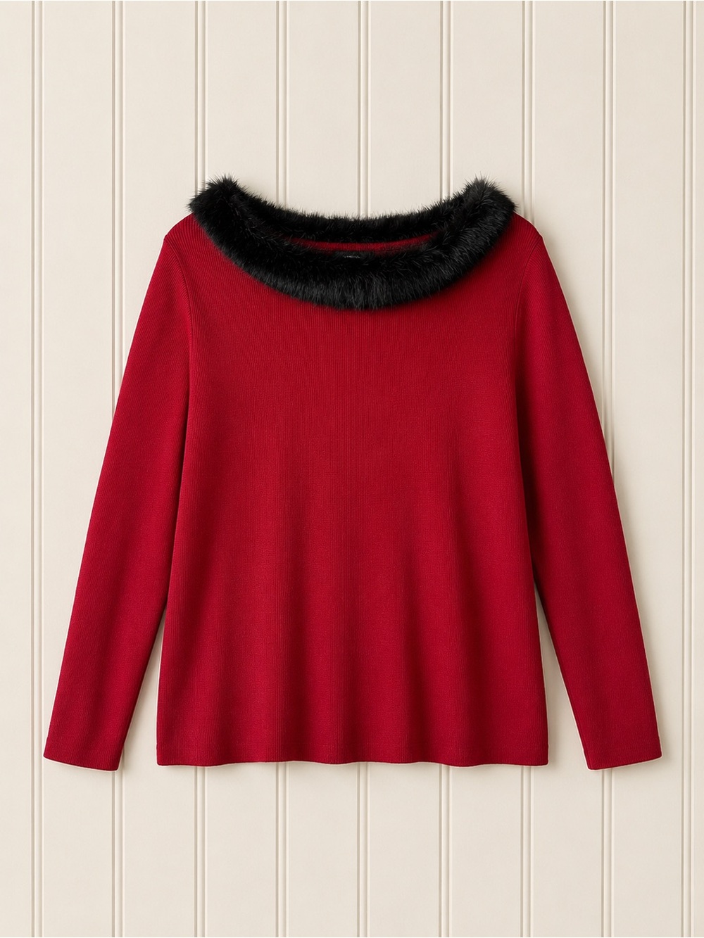 Vintage Michelle Reene Women's Red Faux-Fur Trim Sweater